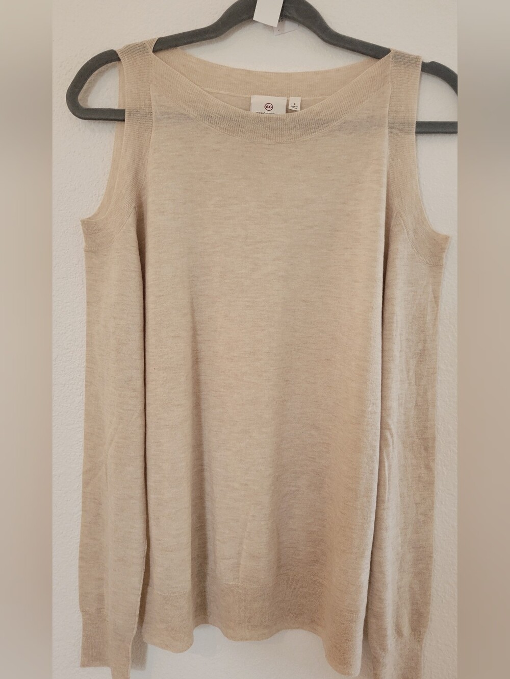 AG Adriano Goldshmied Light Beige Knit Cold-Shoulder Sweater NEW Sz Small